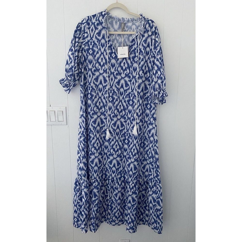 Blue White Ikat Maxi Dress with Tassel Tie